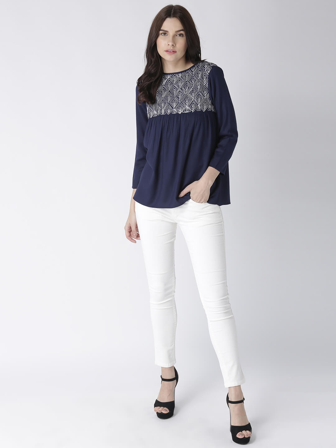 Women'S Navy Top With Embroidered Yoke