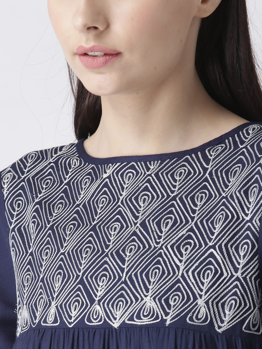 Msfq Women'S Navy Top With Embroidered Yoke