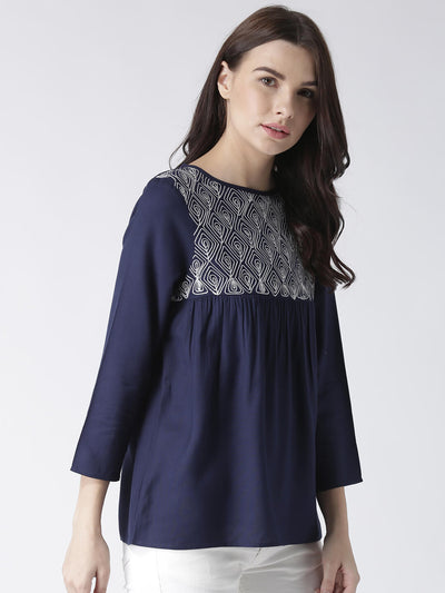 Msfq Women'S Navy Top With Embroidered Yoke