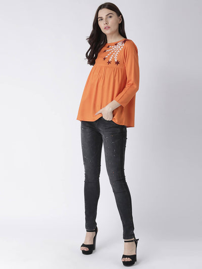 Women'S Orange Top With Embroidered Yoke