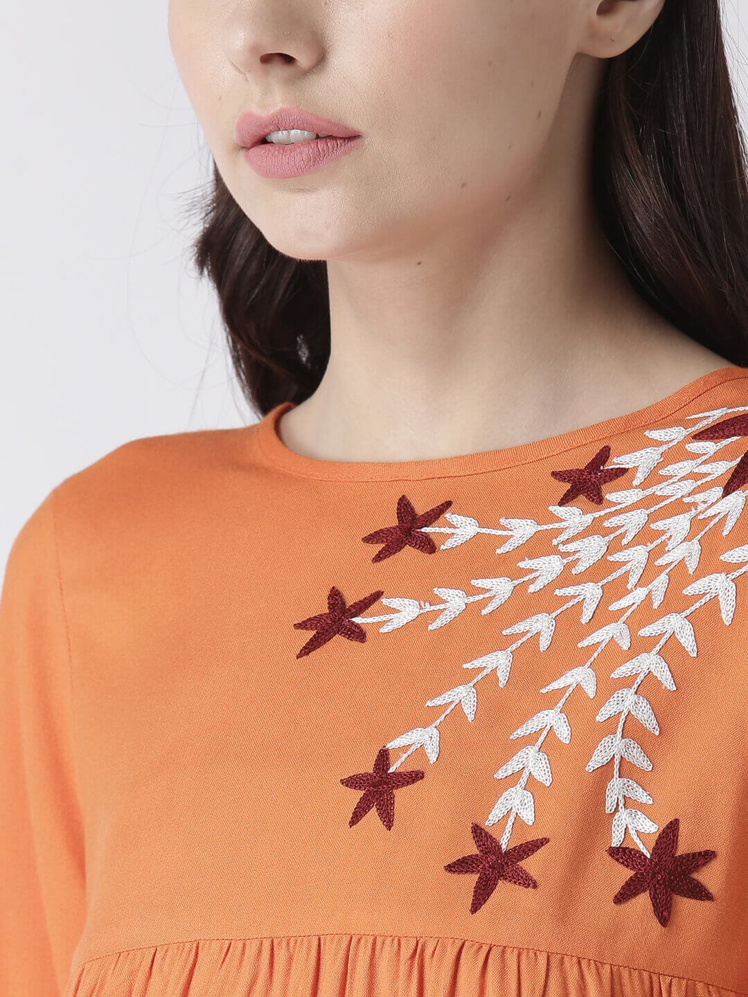 Msfq Women'S Orange Top With Embroidered Yoke