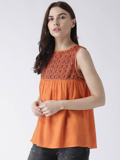 Women'S Sleeveless Orange Top With Embroidered Yoke