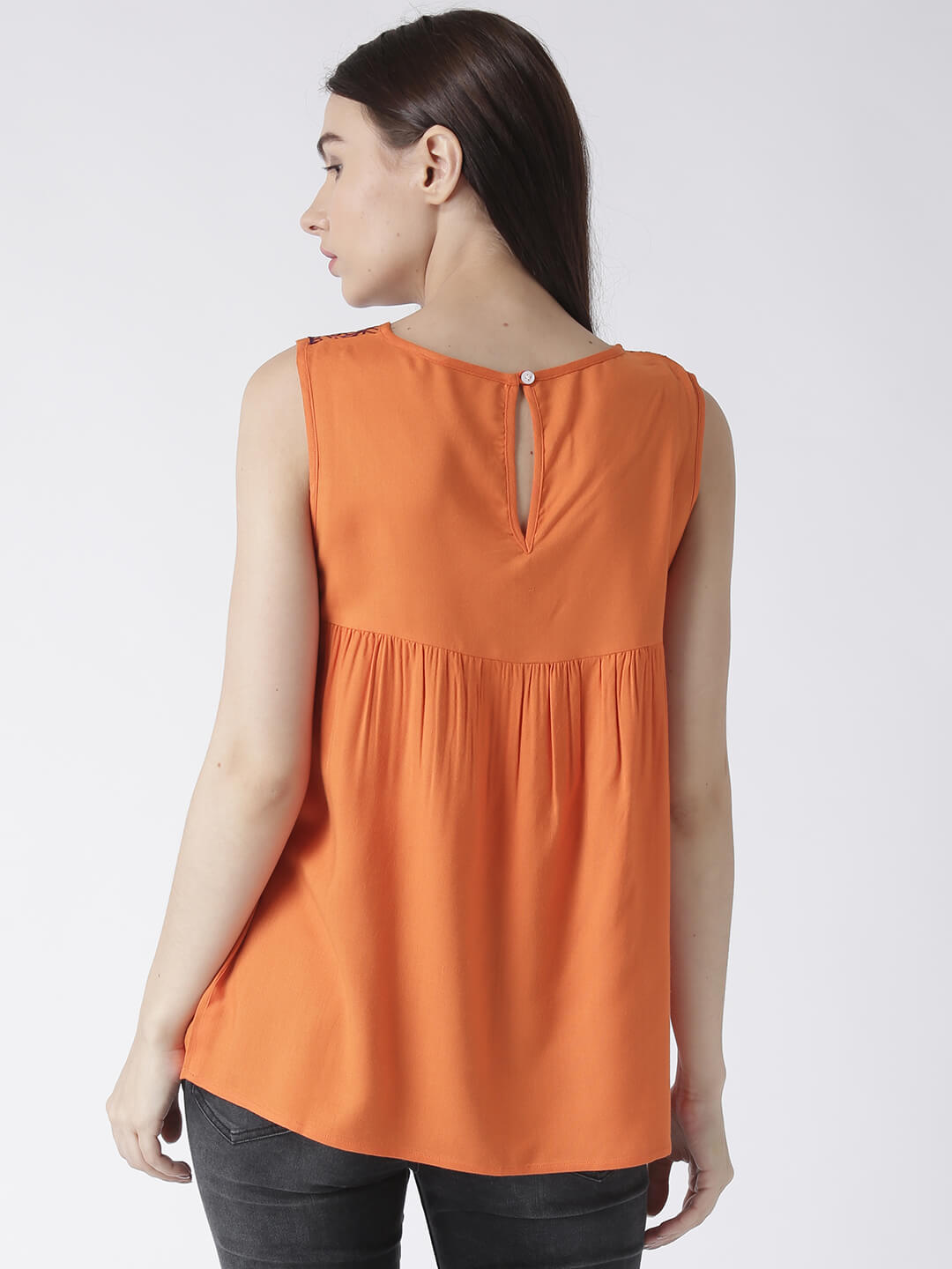 Women'S Sleeveless Orange Top With Embroidered Yoke