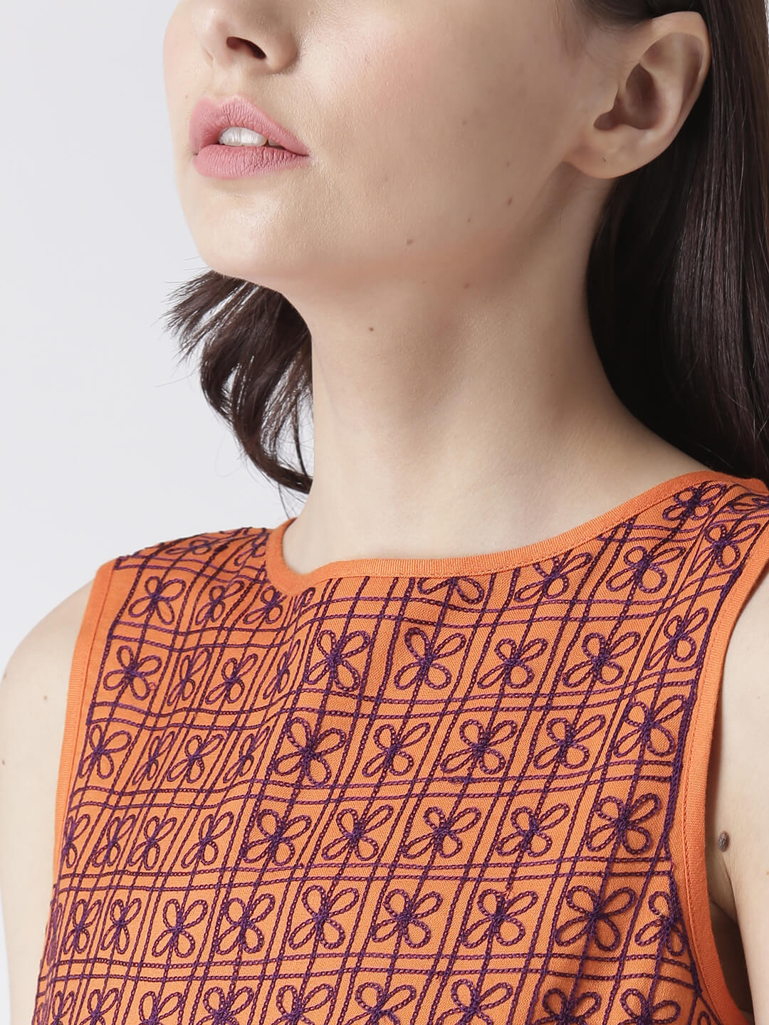 Msfq Women'S Sleeveless Orange Top With Embroidered Yoke