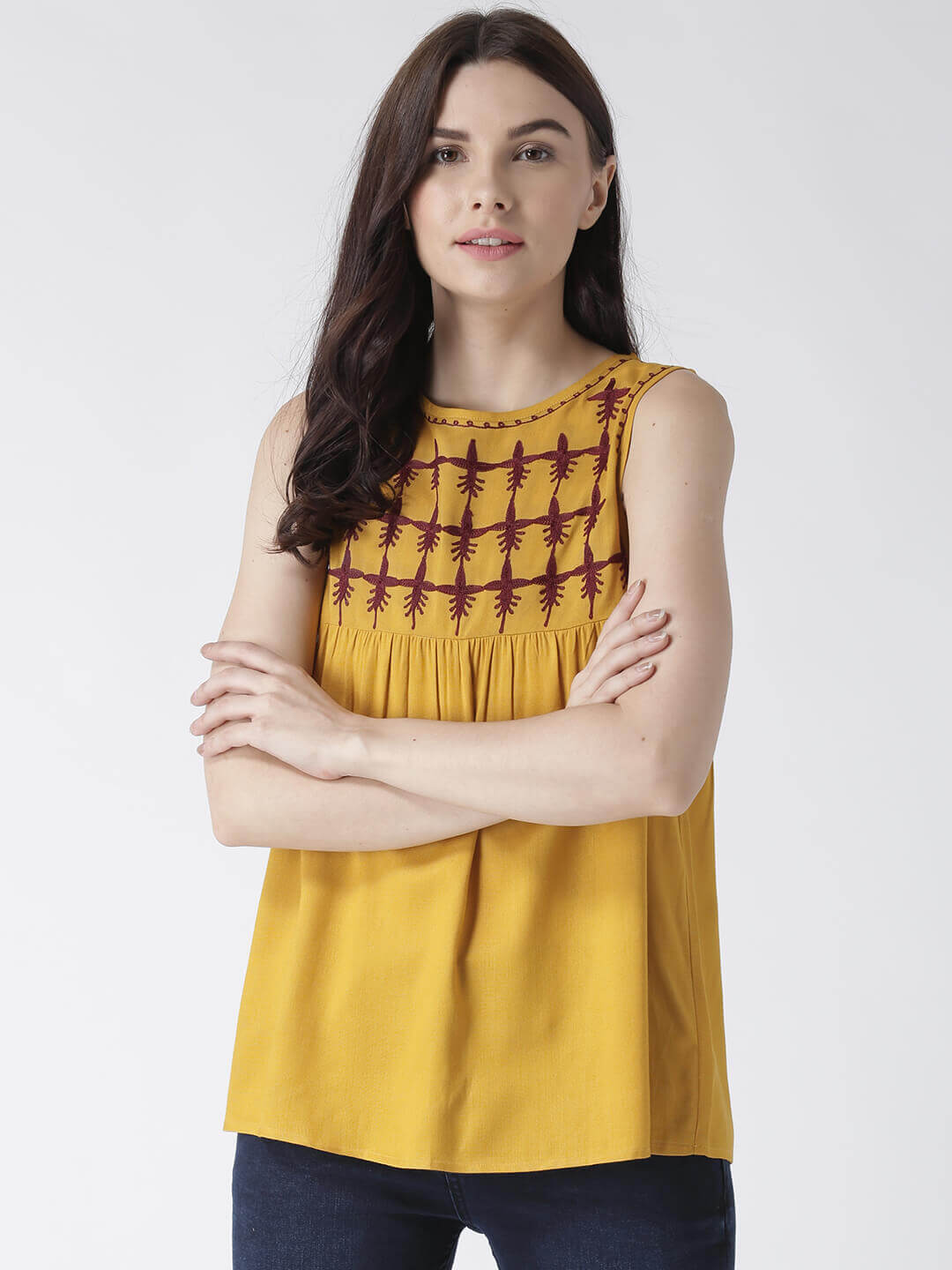Women'S Sleeveless Yellow Top With Embroidered Yoke