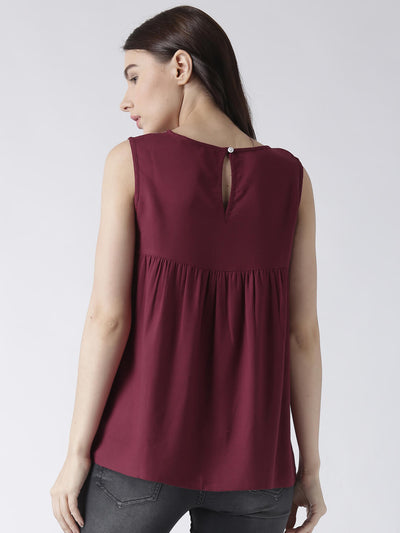 Msfq Women'S Sleeveless Maroon Top With Embroidered Yoke