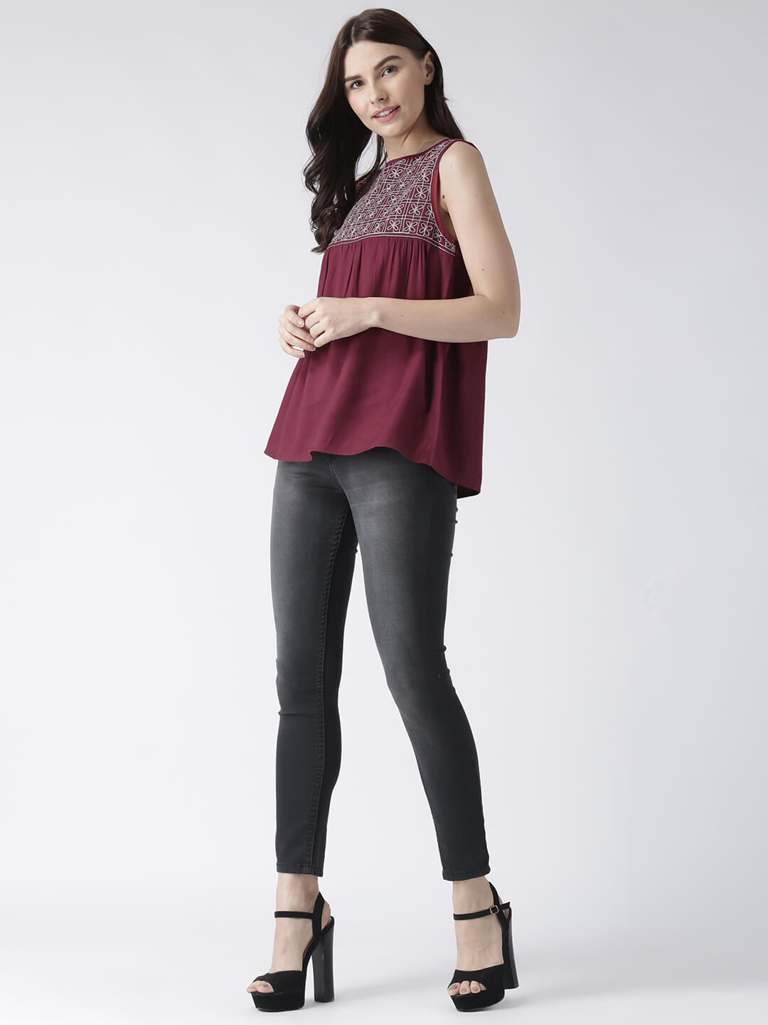 Msfq Women'S Sleeveless Maroon Top With Embroidered Yoke