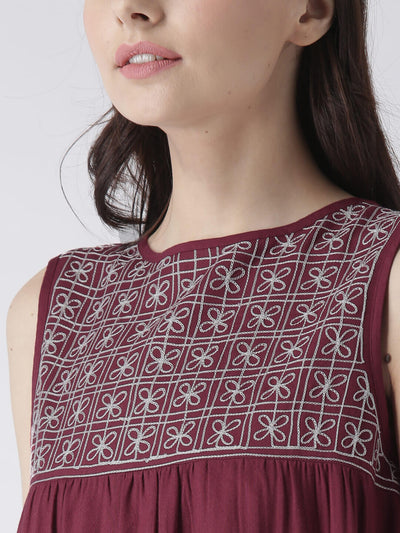 Women'S Sleeveless Maroon Top With Embroidered Yoke