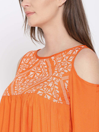 Women'S Orange Printed Cold Shoulder Top
