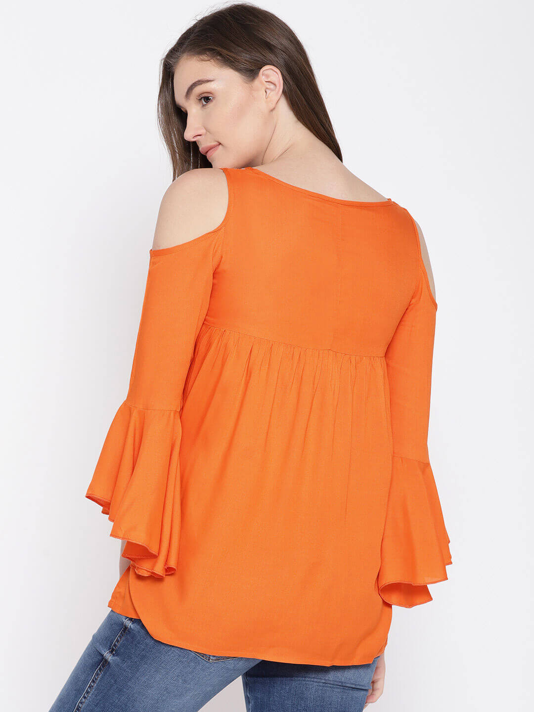 Women'S Orange Printed Cold Shoulder Top