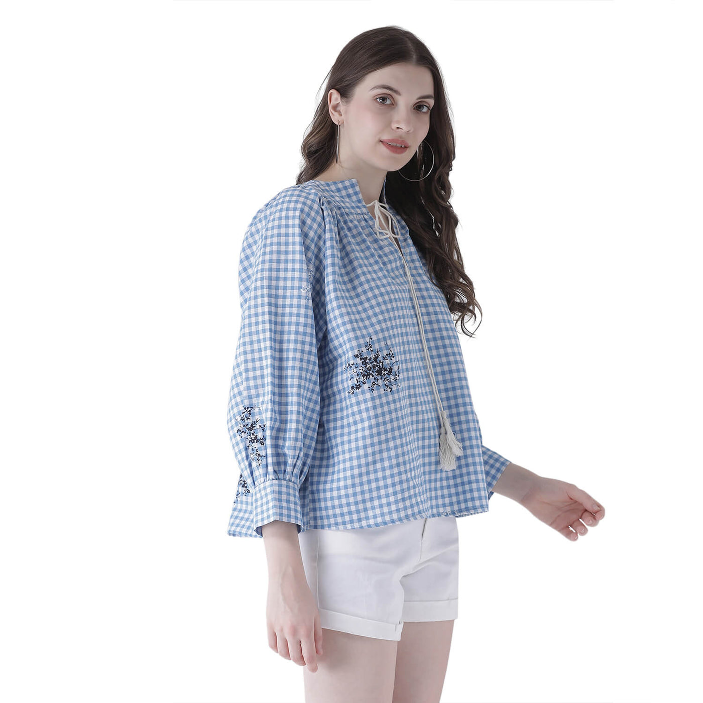 Women'S Blouson Quarter Sleeve Printed Top With Gathers On The Neck