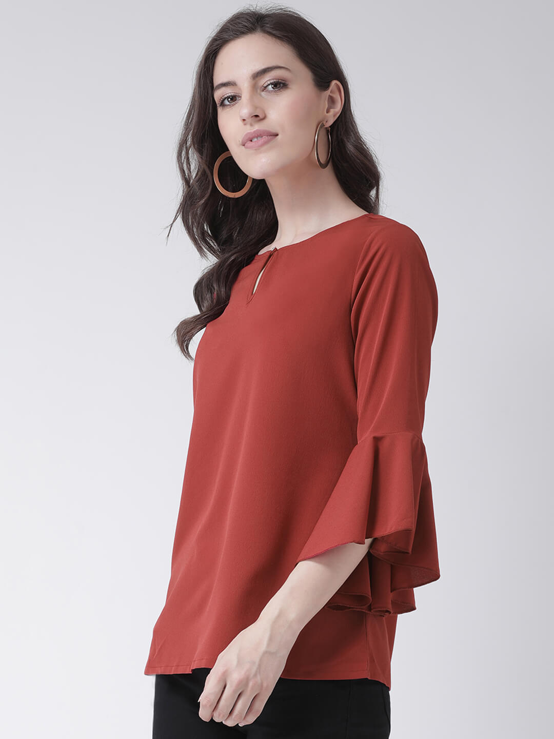 Women'S Solid Top With Round Neck And Flared Sleeves