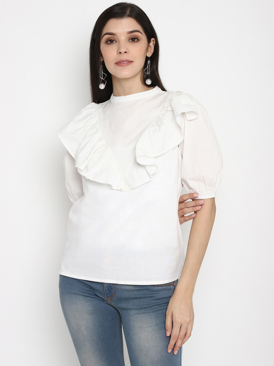 White Solid Cotton Poplin Top With Ruffles At Yoke