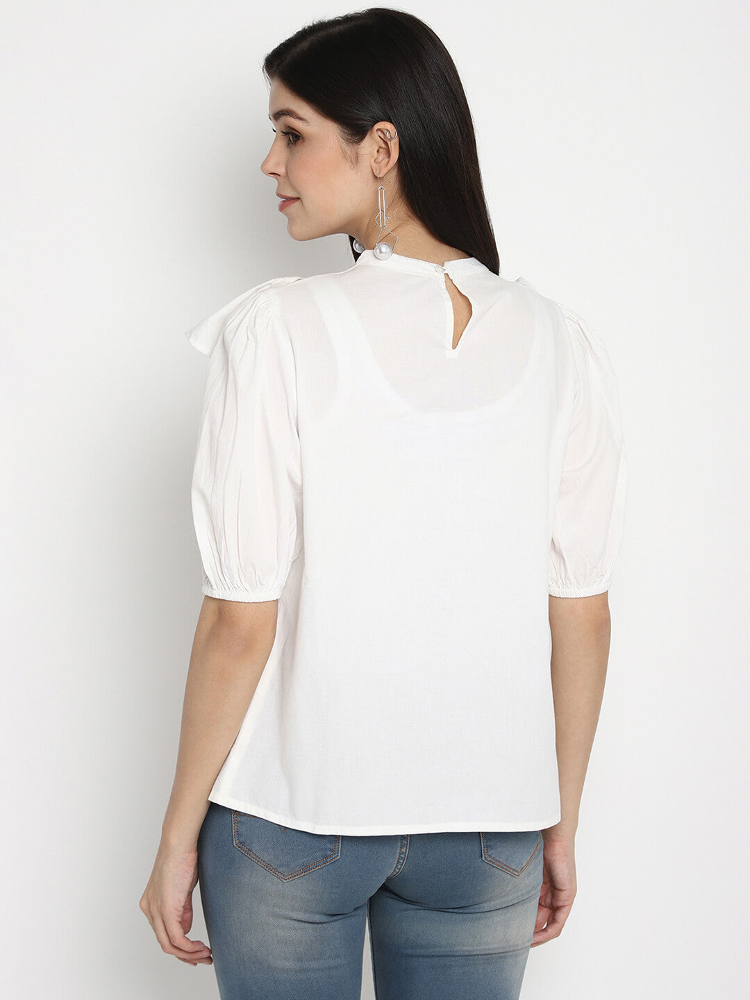 White Solid Cotton Poplin Top With Ruffles At Yoke