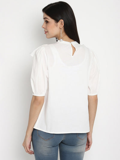 Msfq White Solid Cotton Poplin Top With Ruffles At Yoke