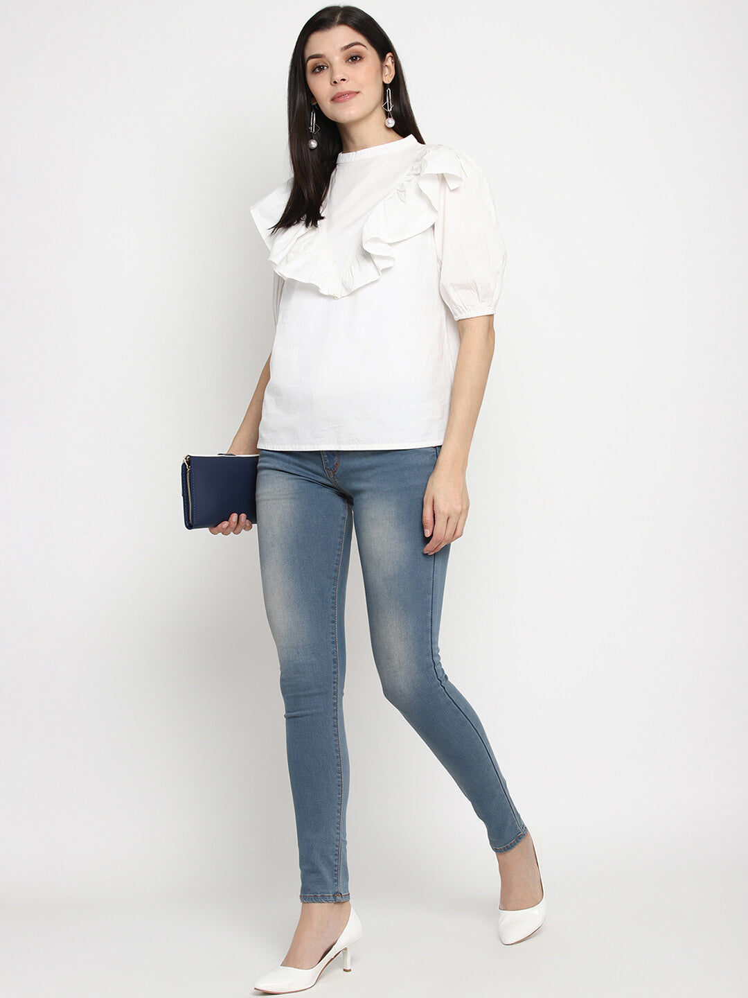 Msfq White Solid Cotton Poplin Top With Ruffles At Yoke