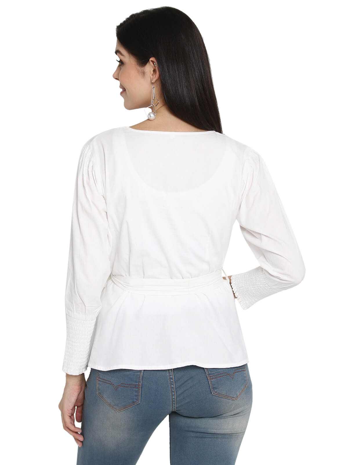White Solid Overlap Top With Elastic Detailing At Sleeve