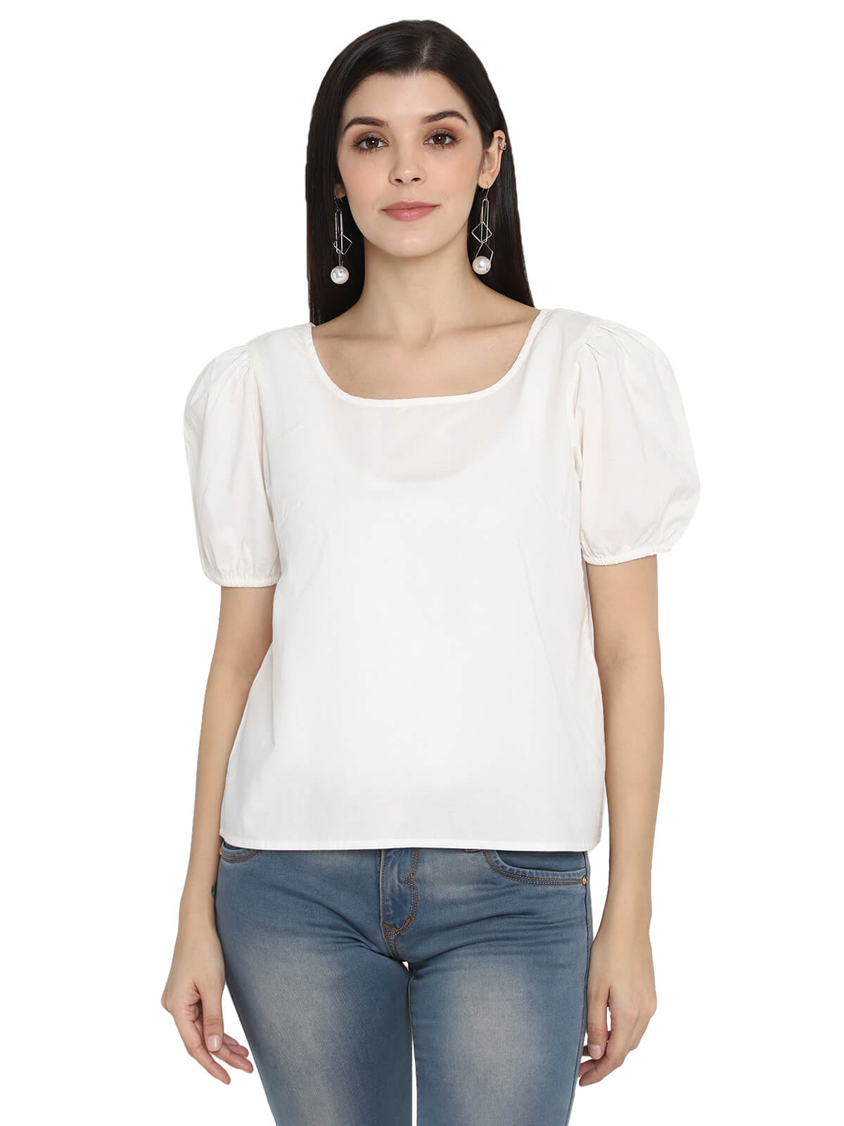 White Solid Cotton Poplin Top With Puff Sleeve