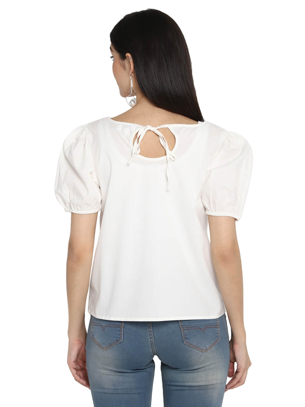 Msfq White Solid Cotton Poplin Top With Puff Sleeve
