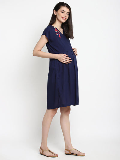 Women Maternity Pleated Dress With Embroidery