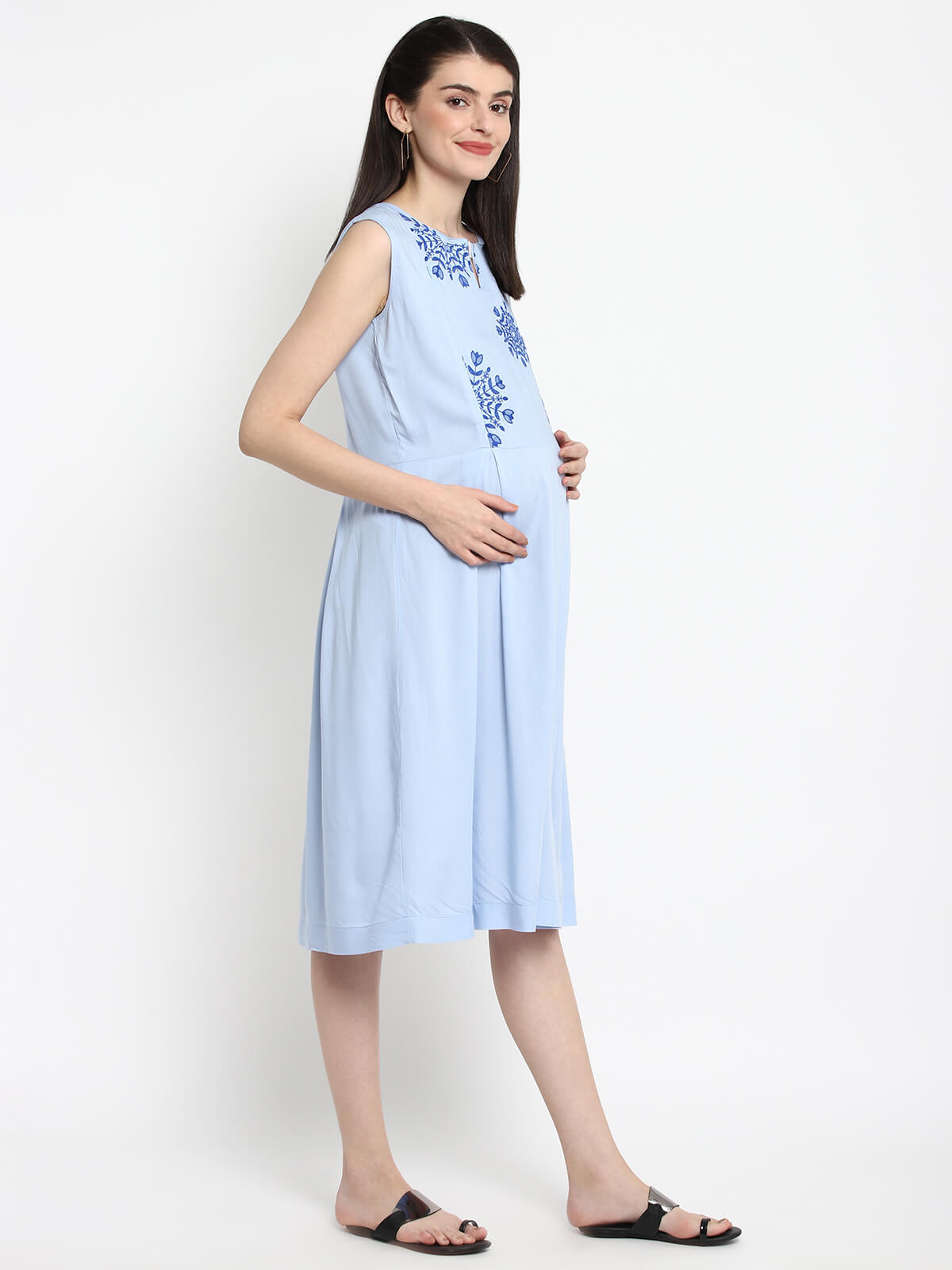 Women Maternity Maxi Dress With Embroidered