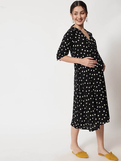 Black polka dot maternity dress with feeding access