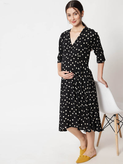 Black polka dot maternity dress with feeding access