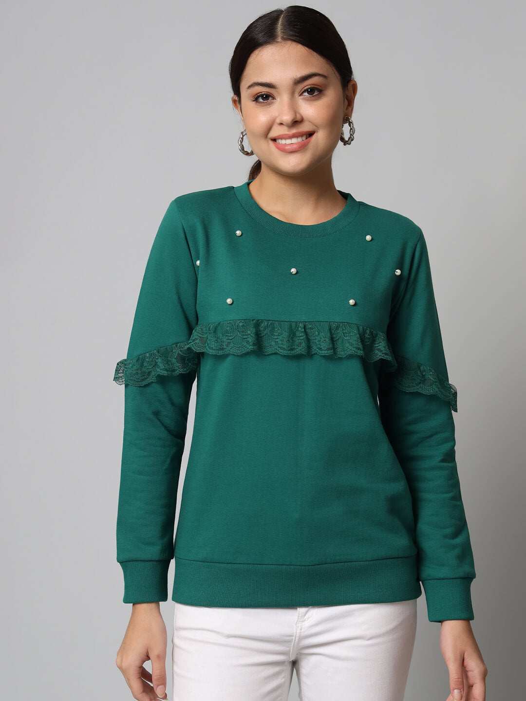 Women green solid Sweatshirt