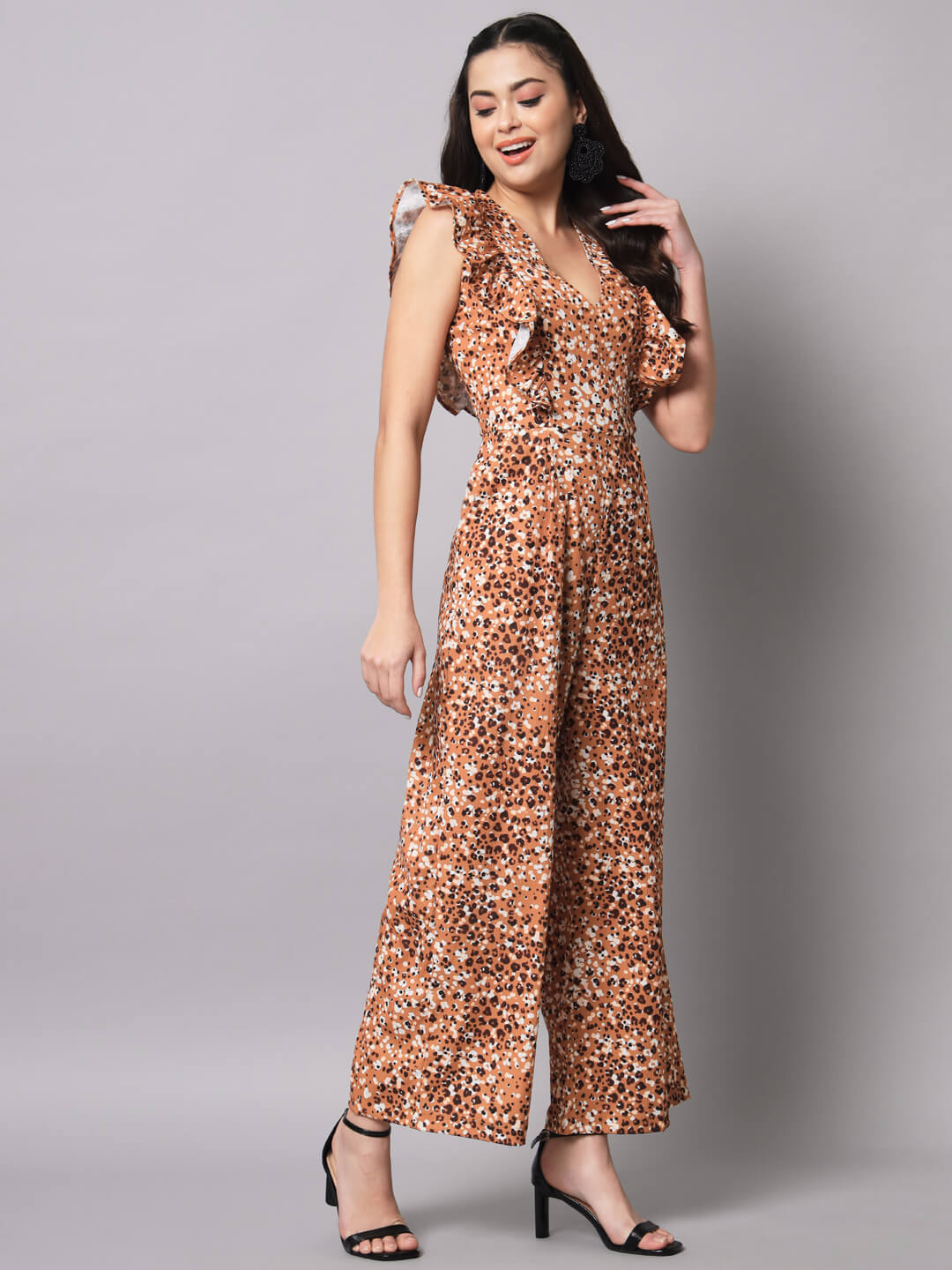 Casual Animal Printed Frill Jumpsuit