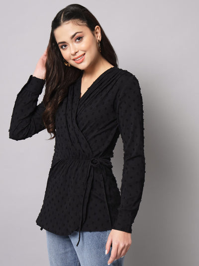 CASUAL PLEATED SOLID WRAP BLOUSE