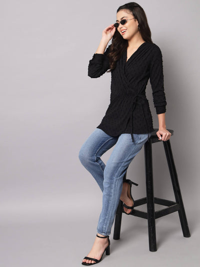 CASUAL PLEATED SOLID WRAP BLOUSE