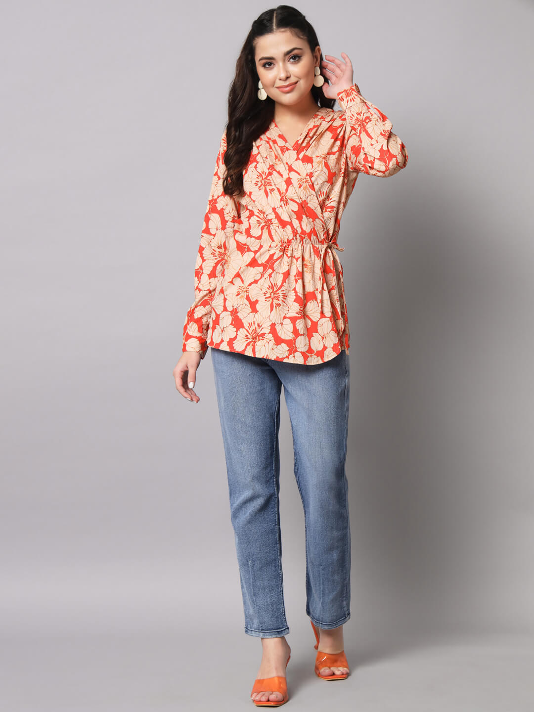 Casual Pleated Floral Printed Wrap Blouse