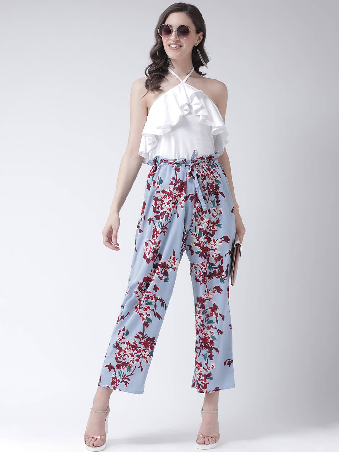 The Vanca'S Floral Print Trouser With Paper Bag Frill And Front Pleat Detail
