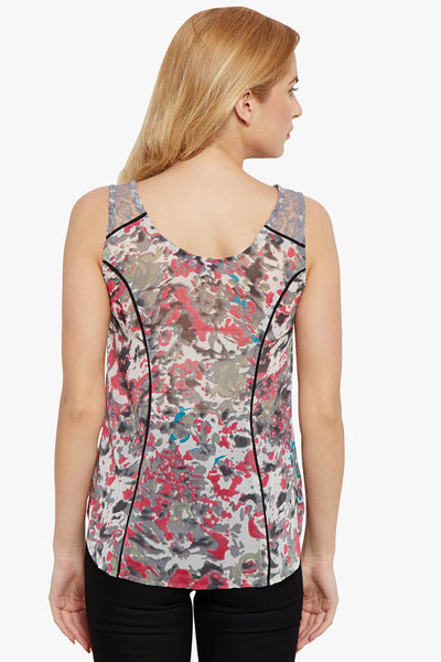 Tank top in grey print with lace overlay at shoulder
