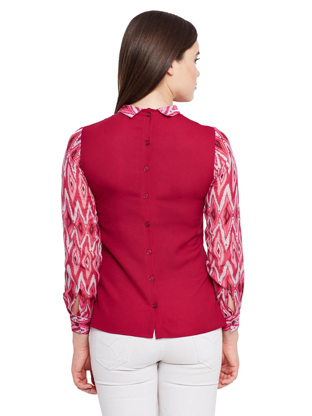 Back Button Down Shirt In Marsala Print With Pleats At Front