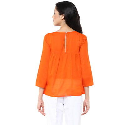 Women'S Flare Top In Orange Color With Embroidery At Yoke Part