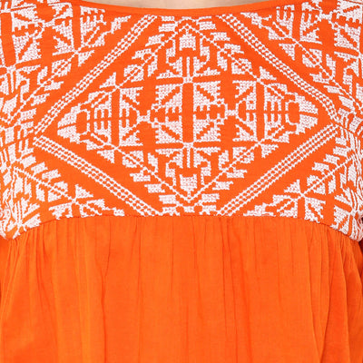 Women'S Flare Top In Orange Color With Embroidery At Yoke Part