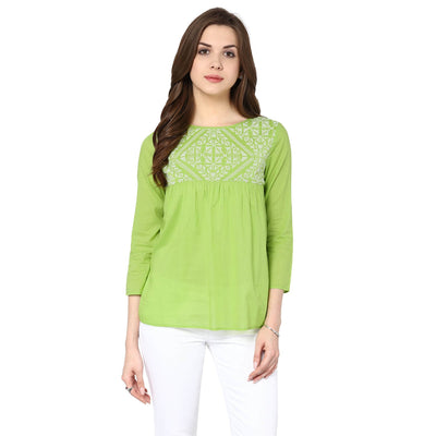 Women'S Flare Top In Green Color With Embroidery