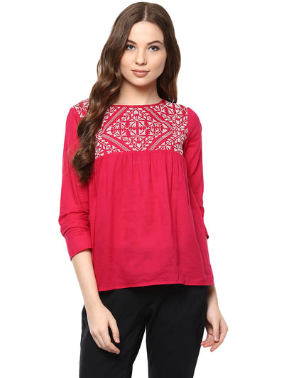 Women'S Solid Fuchsia Color Top With Embroidered