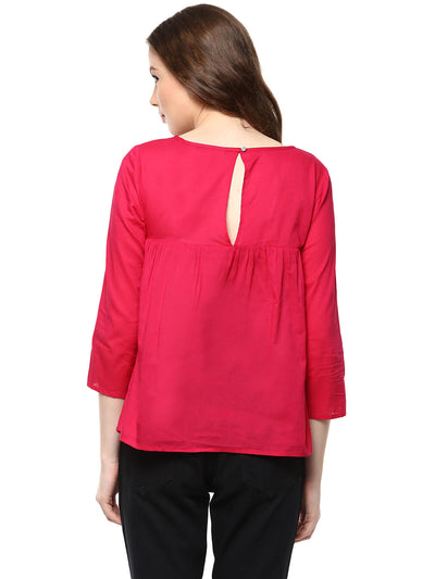Women'S Solid Fuchsia Color Top With Embroidered
