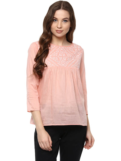 Women'S Solid Peach Color Top With Embroidered