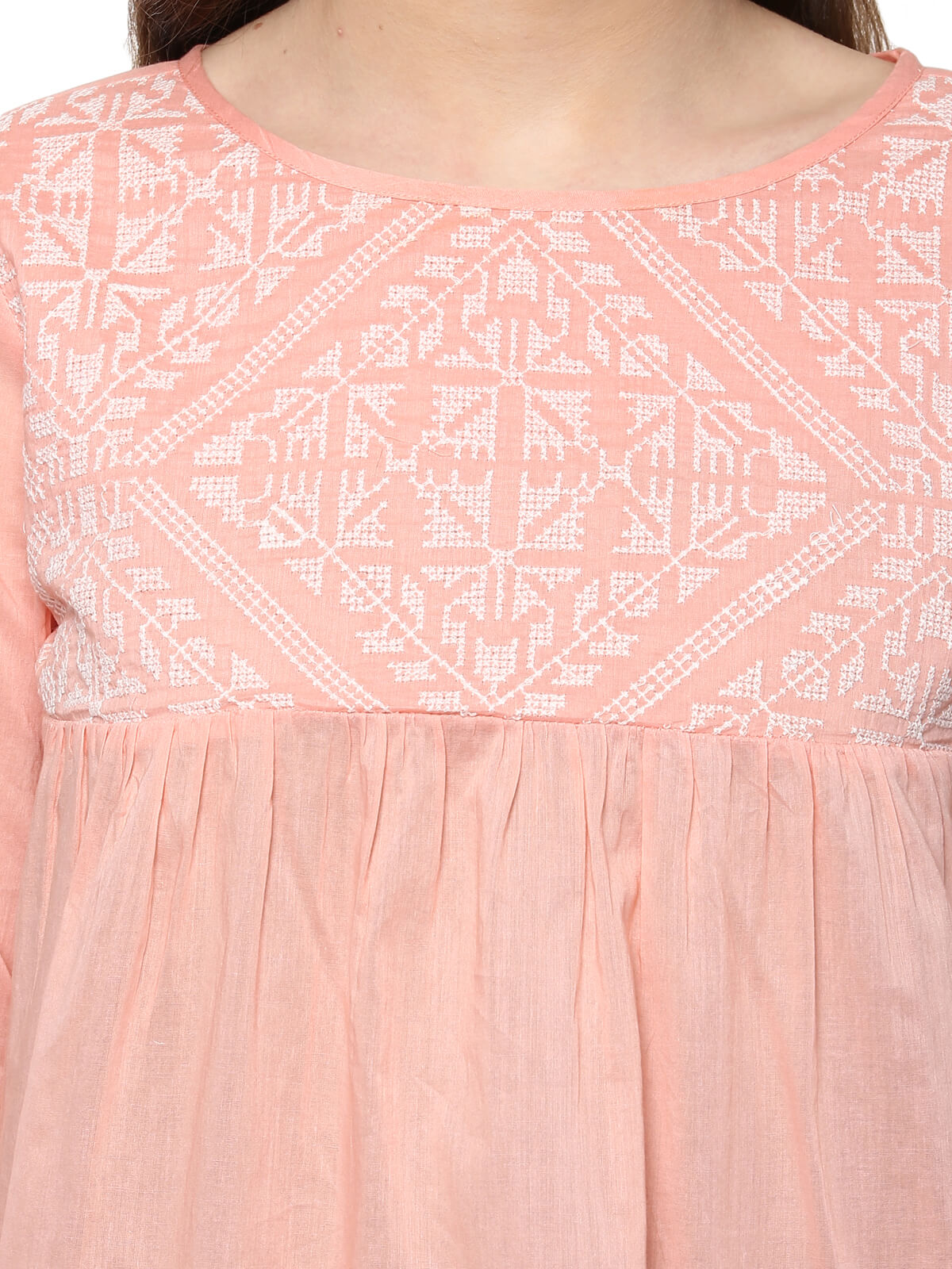 Women'S Solid Peach Color Top With Embroidered