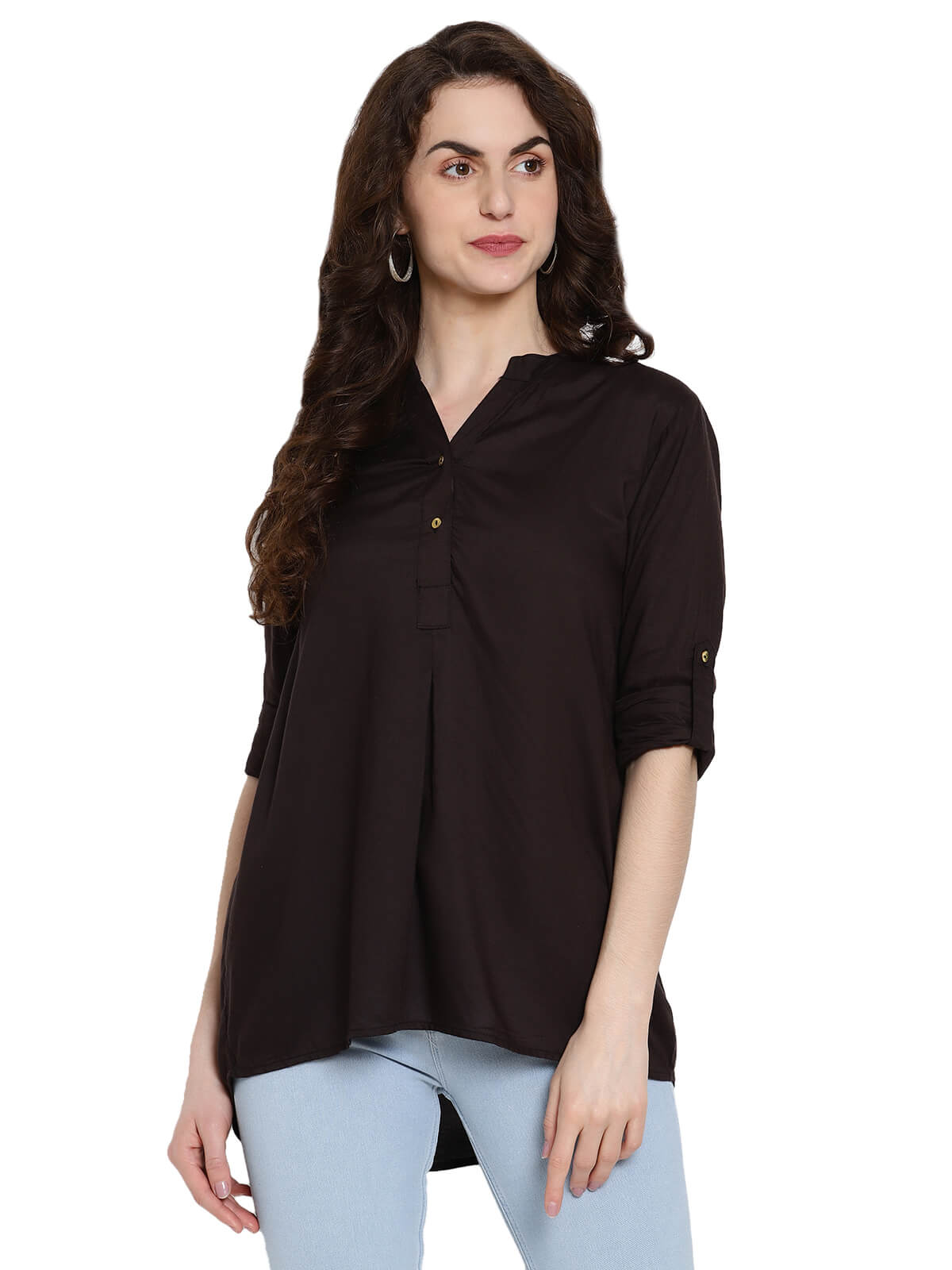 Women'S Semi Formal Black Shirt With Roll Sleeve