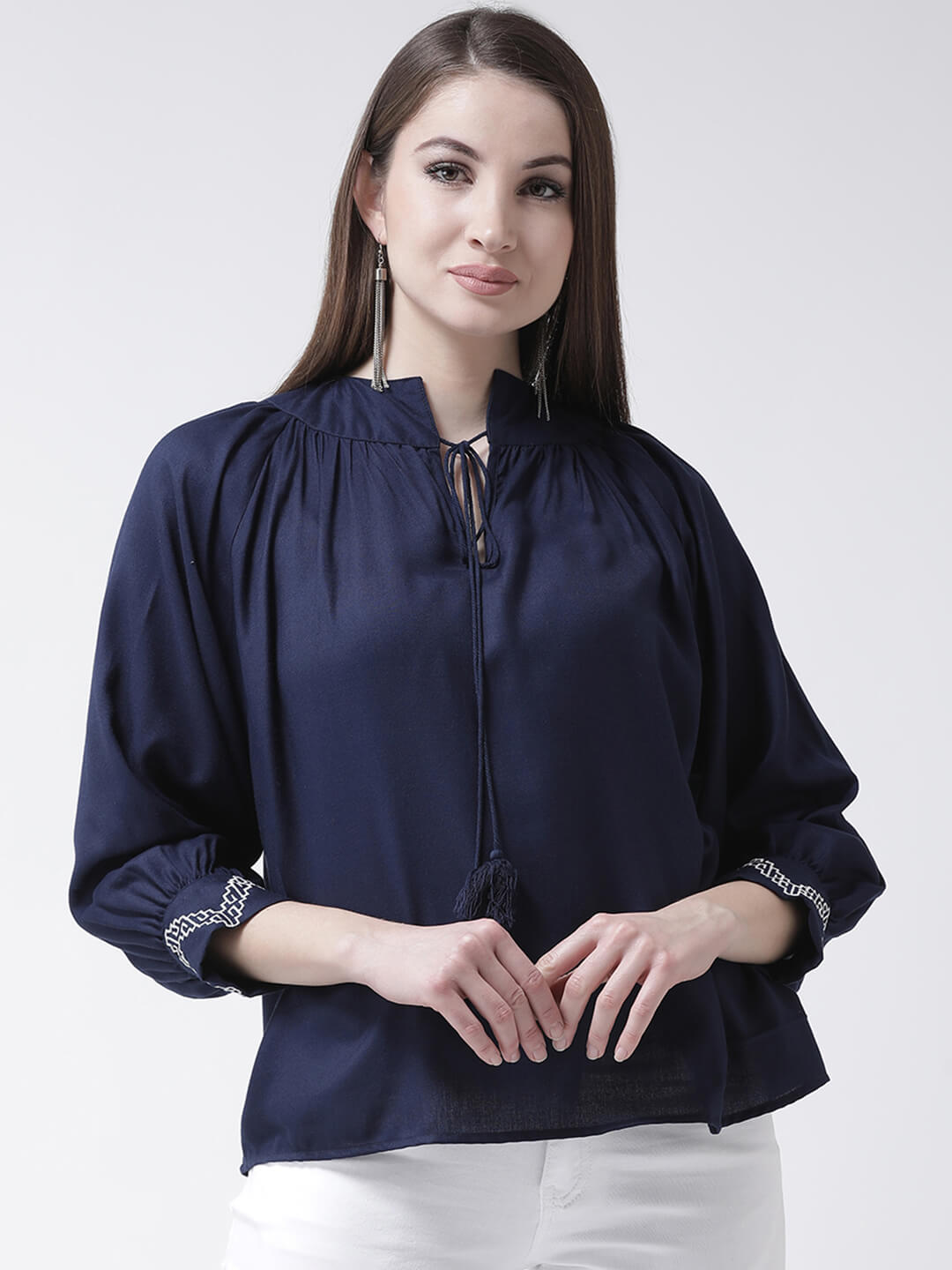 Women'S Navy Top With Embroidery On Sleeve