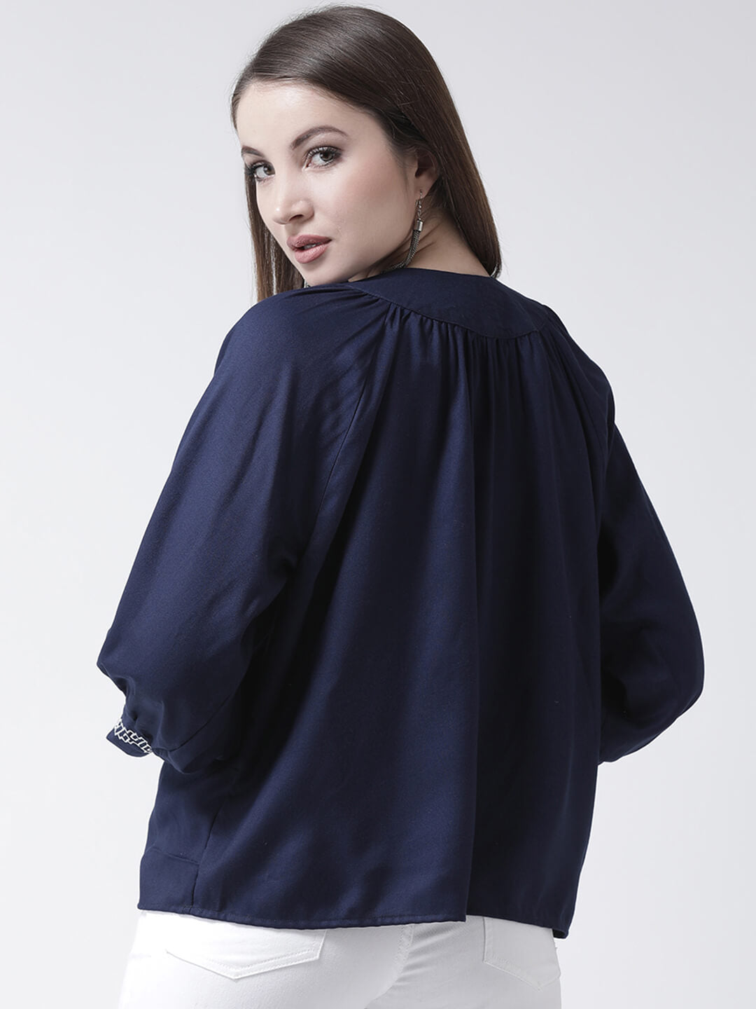 Women'S Navy Top With Embroidery On Sleeve
