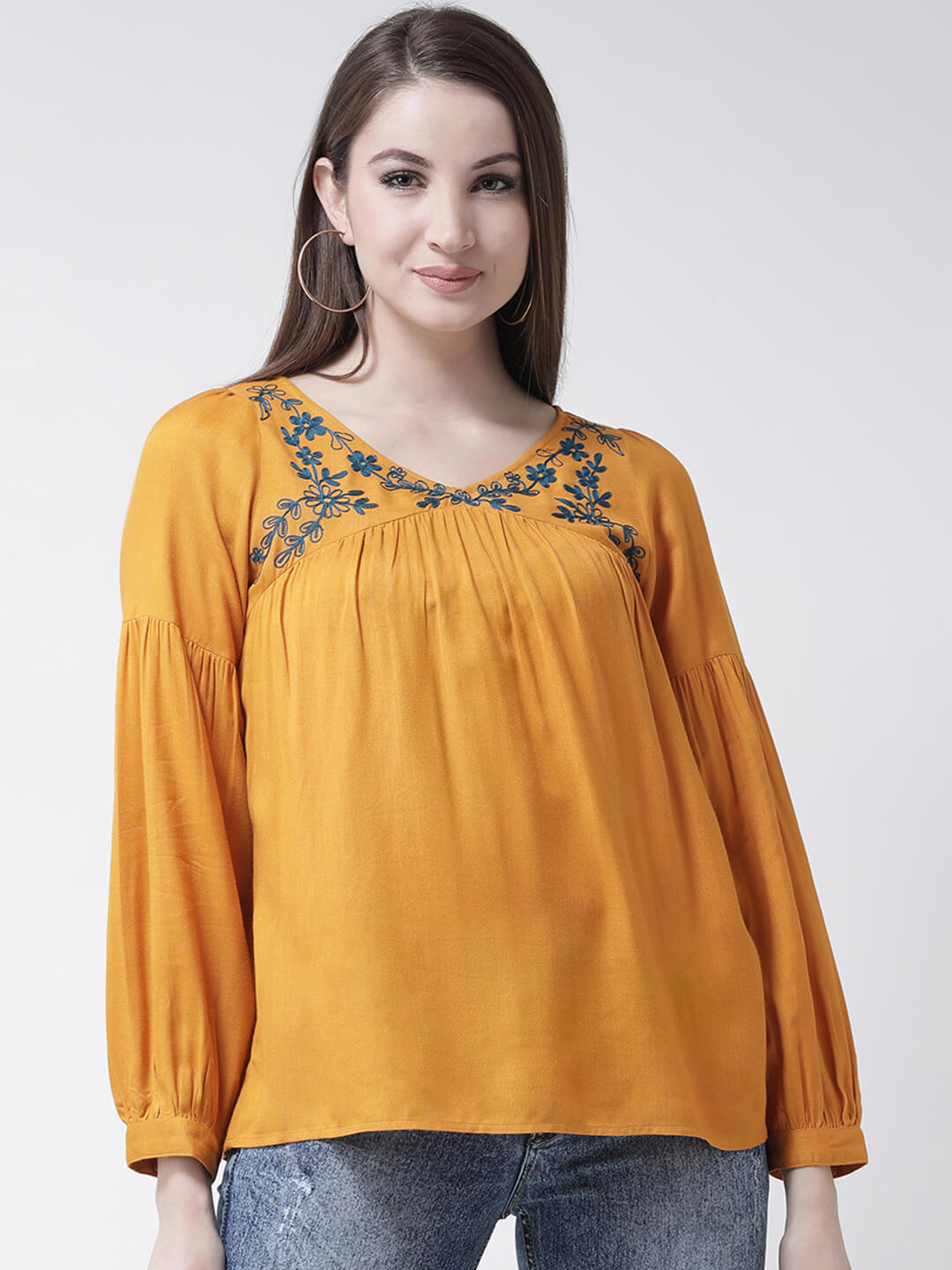 Women'S Mustard Top With Embroidery On Neck
