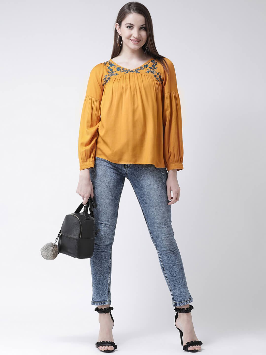Women'S Mustard Top With Embroidery On Neck