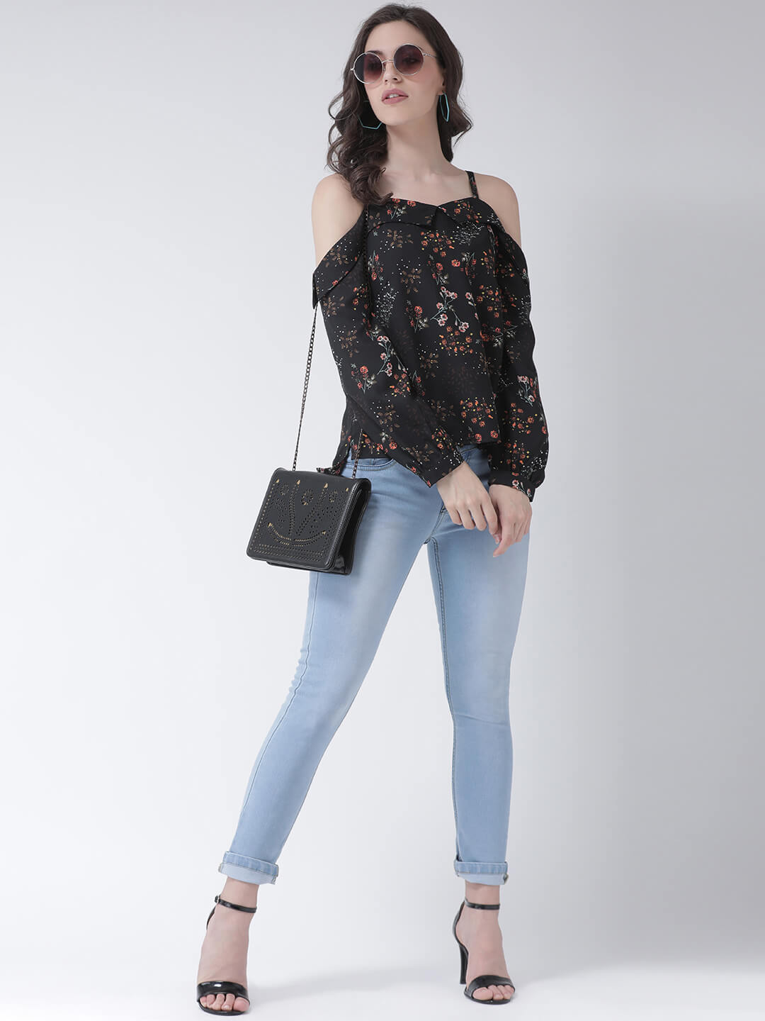 Women'S Floral Printed Woven Top, Has Shoulder Straps, Long Sleeves
