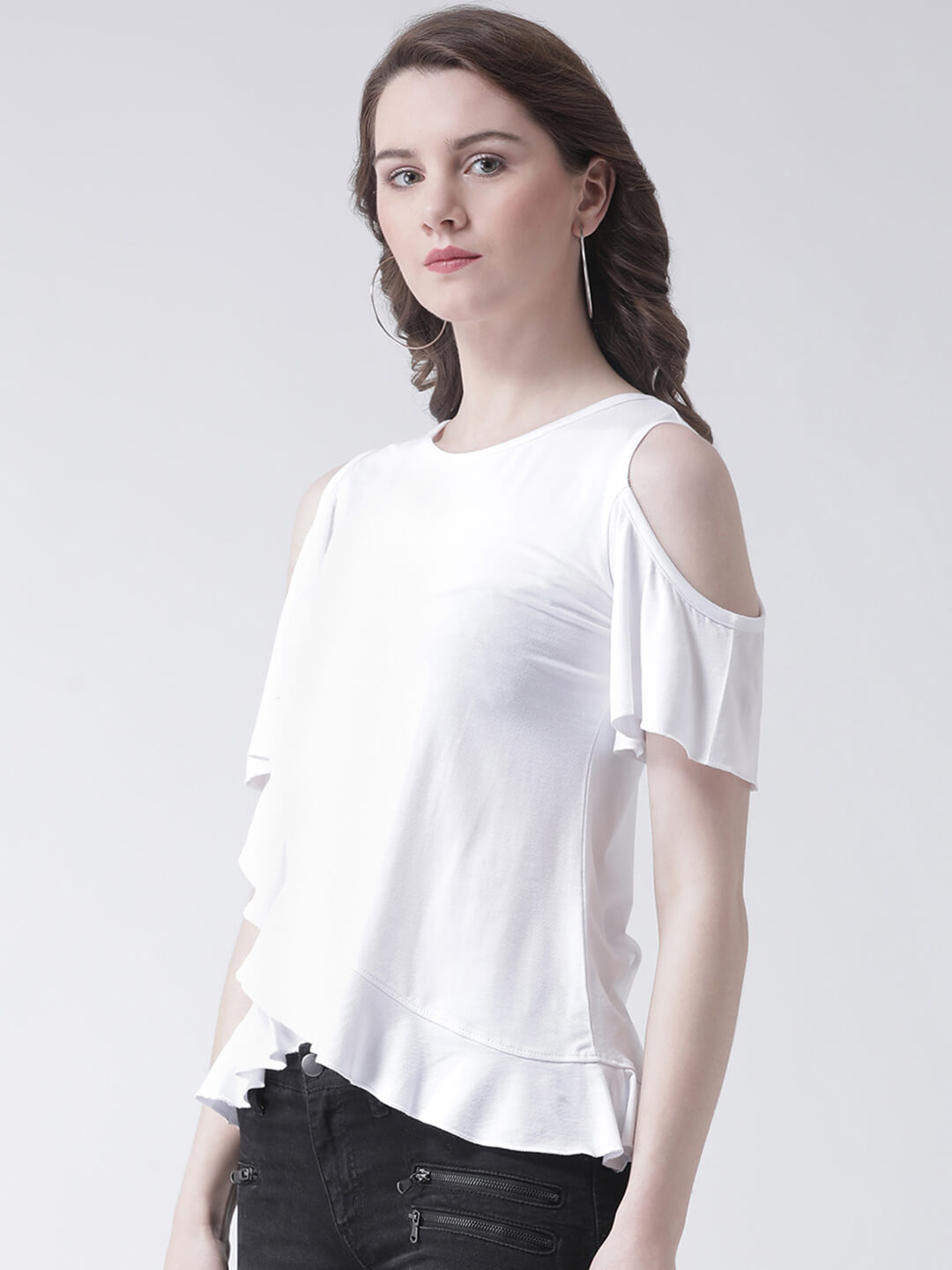 Women'S White Jersey Cold Shoulder Top With Ruffle Detail