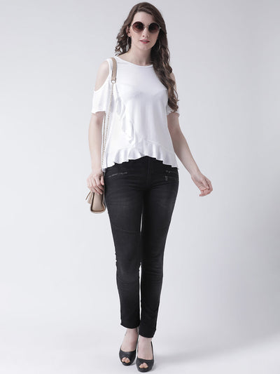 Women'S White Jersey Cold Shoulder Top With Ruffle Detail